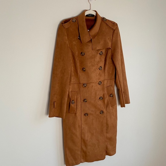 L Few Mode Trench Style Faux Suede Coat Jacket NO BELT - Picture 2 of 7
